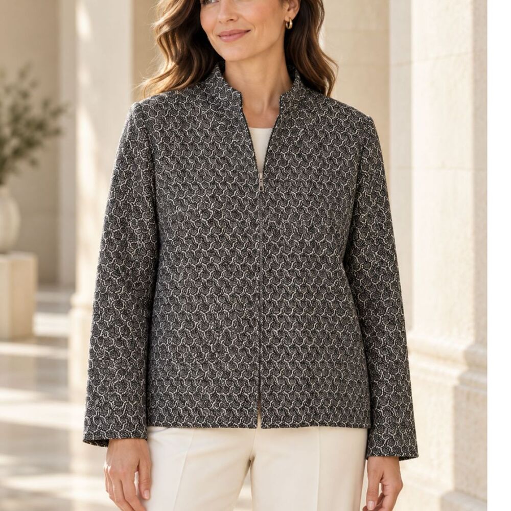 Eileen Fisher NWT Black Rosette Jacquard Flight Jacket XL Quiet Luxury